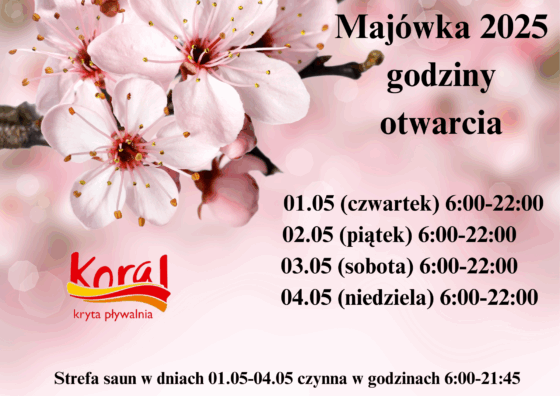 Godziny otwarcia Pływalni „KORAL” Majówka 2025