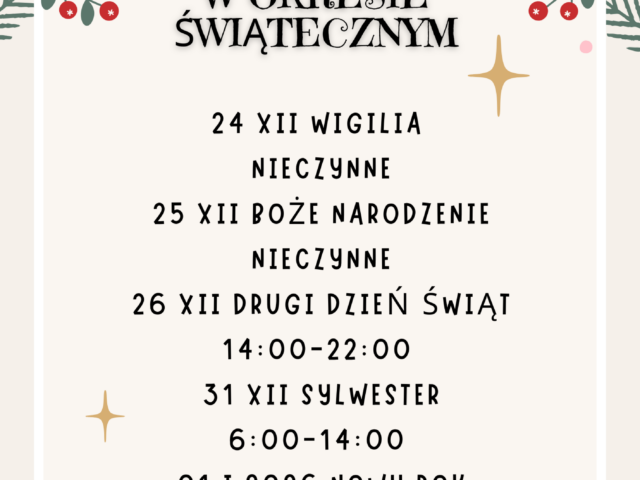 Godziny otwarcia Krytej Pływalni „KORAL”w okresie świątecznym