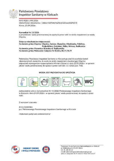 Komunikat PPIS o przydatności wody do spożycia Ujęcie Góra Zamkowa / Gościniec