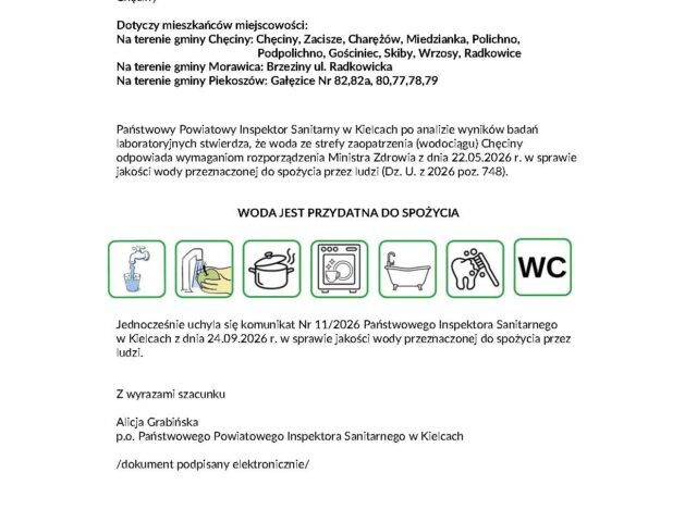 Komunikat PPIS o przydatności wody do spożycia Ujęcie Góra Zamkowa / Gościniec